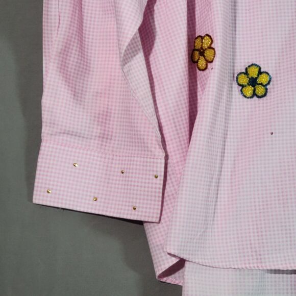 Pink Gingham Check Flannel Top Womens Plus Size 1X Rhinestone Floral Embellished - Picture 13 of 16